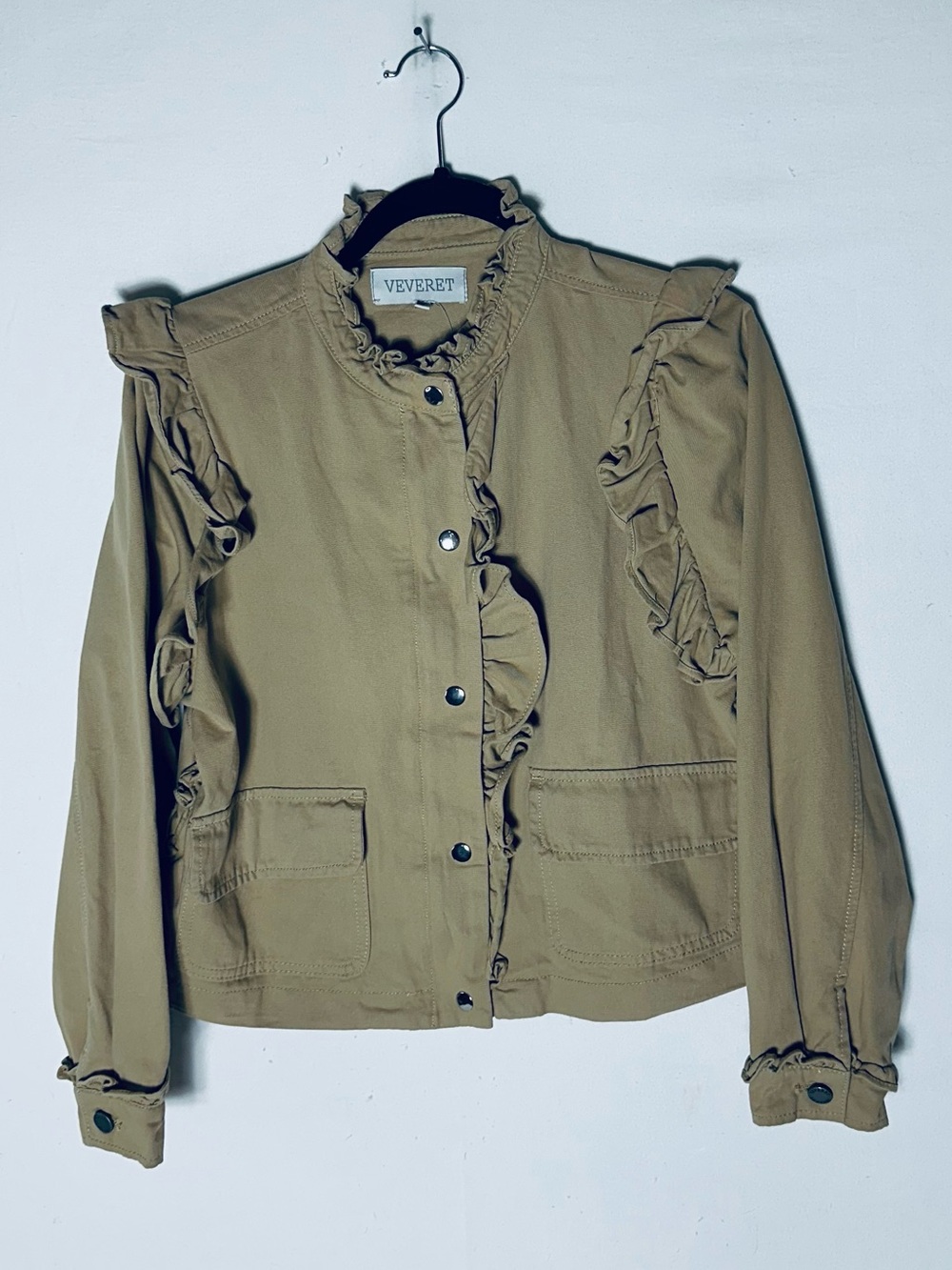 Veveret Ruffle Trim Utility Jacket S Khaki Cotton Military Boho Coquette Cottage